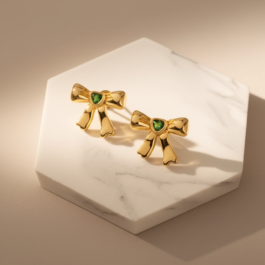 Cute bow earrings with green stone - Earrings - View 4