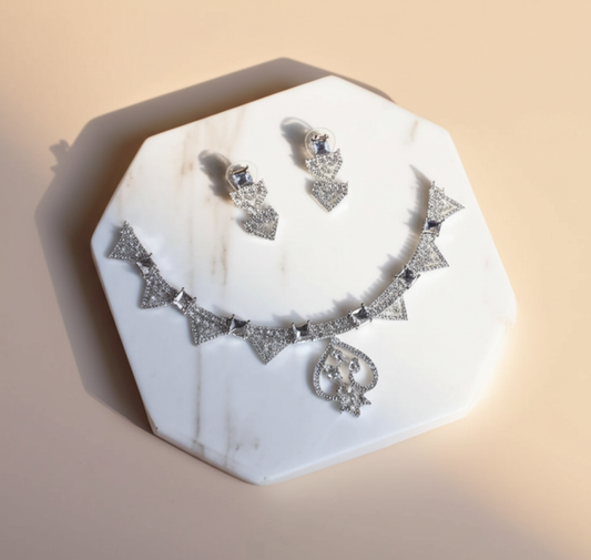 American diamond triangle shaped necklace set - Necklace and earrings set - View 3