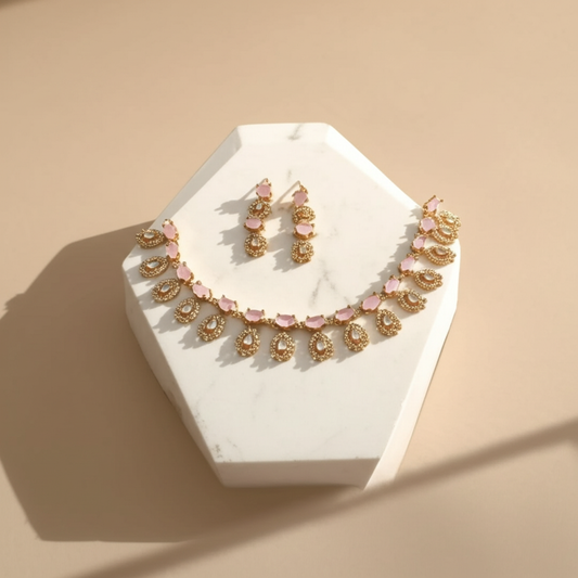 AD pink stone teardrop necklace set - Necklace and earrings set - View 4