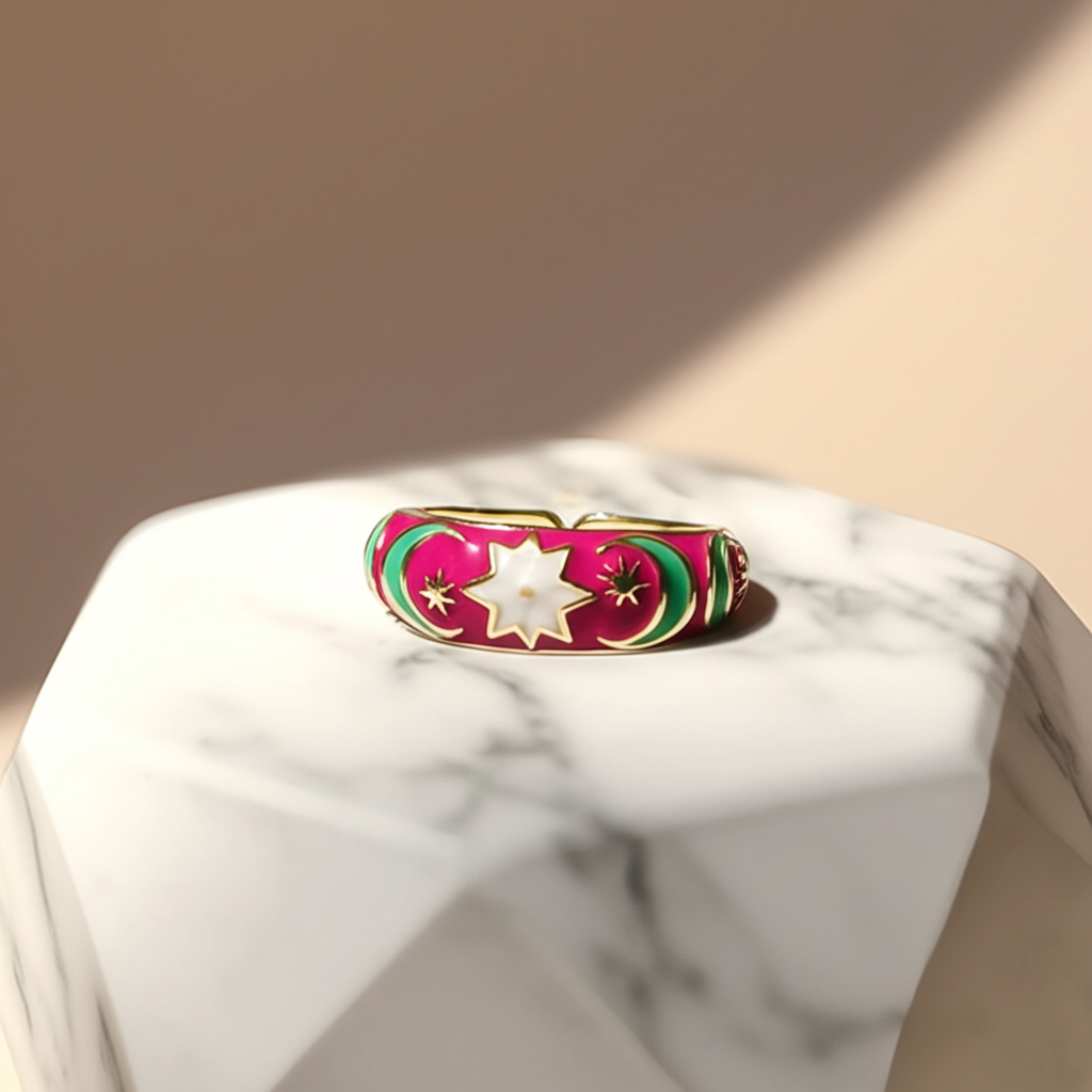 Pink enamel star and moon ring - Rings - View 4