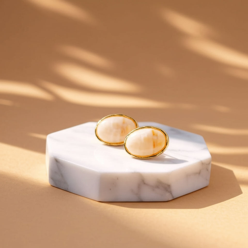 Oval shaped white marble finish studs - Earrings - View 2