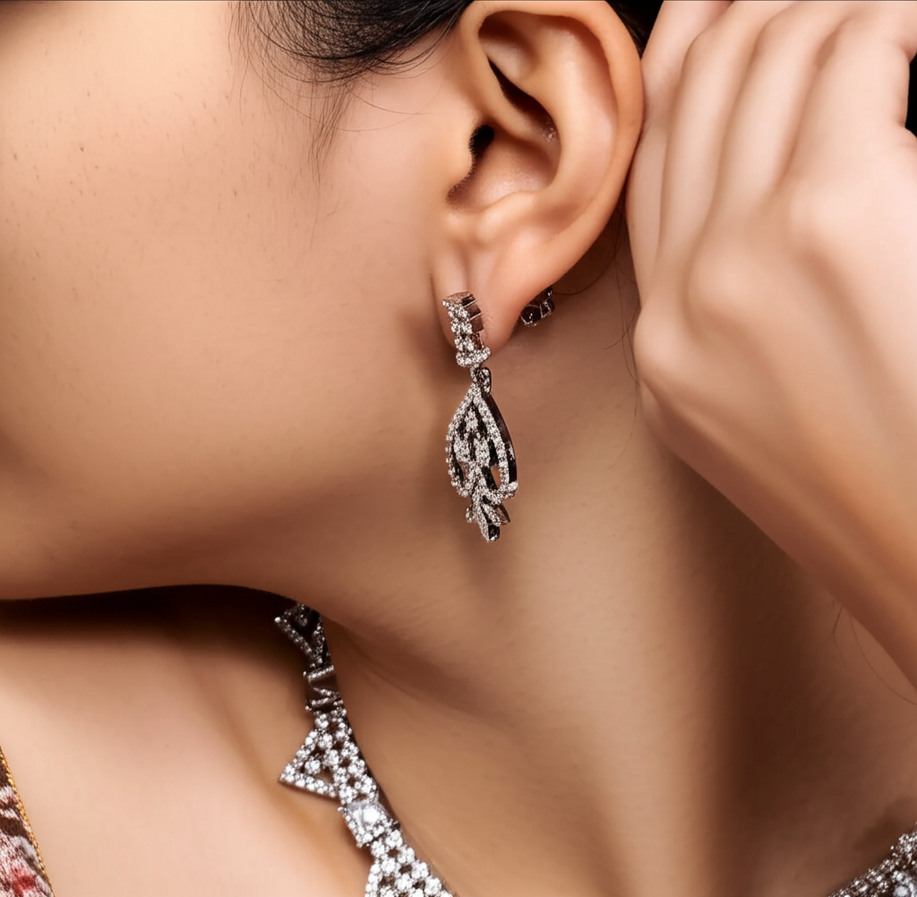 American diamond triangle shaped necklace set - Necklace and earrings set - View 1