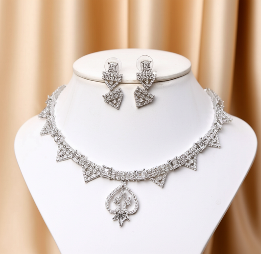 American diamond triangle shaped necklace set - Necklace and earrings set - View 2