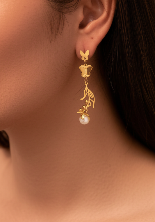 Butterfly design pearl beaded drop earrings  - Earrings - View 1