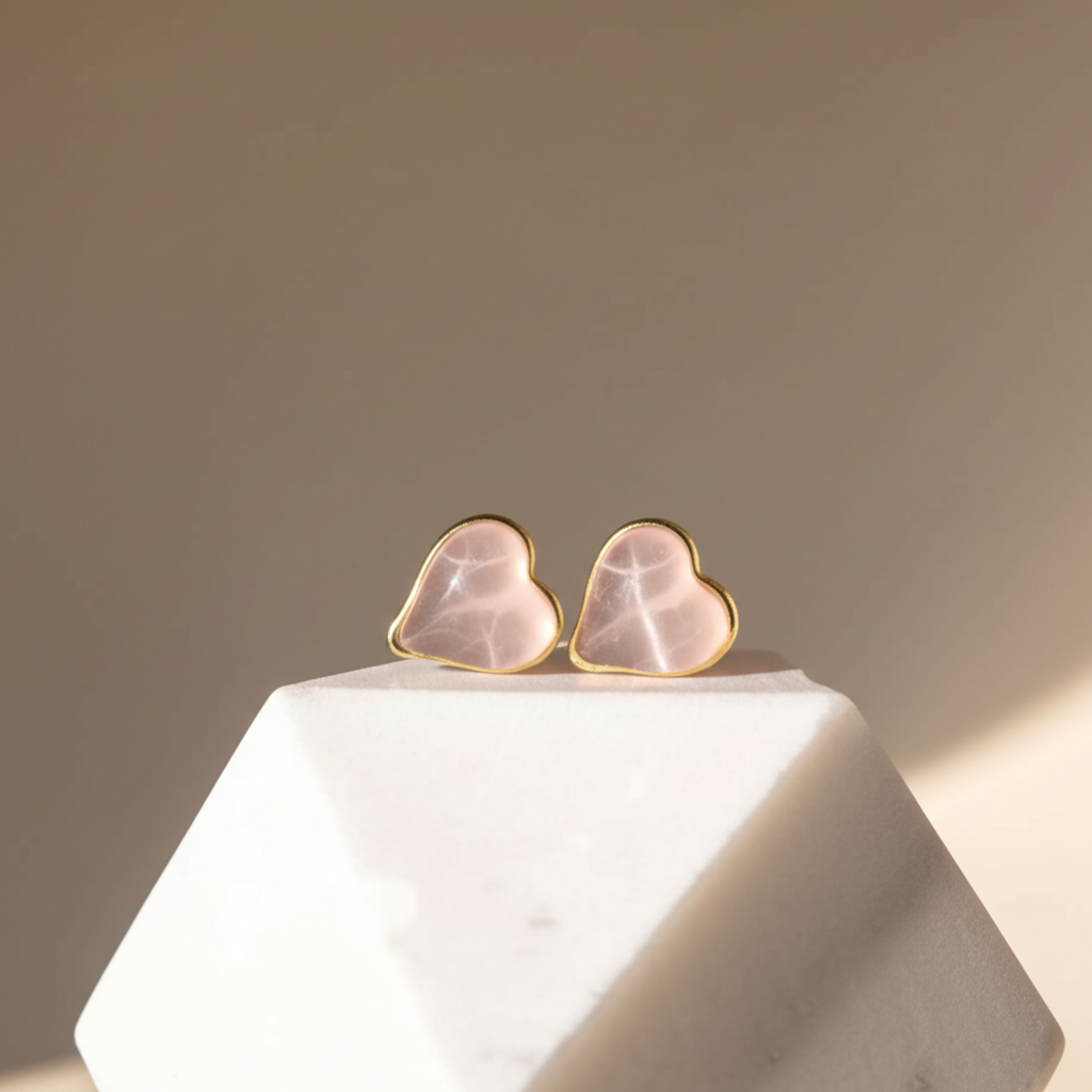 Baby pink heart shaped studs - Earrings - View 5
