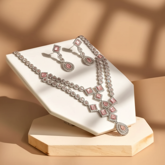 Cubic pink crystal layered necklace set - Necklace and earrings set - View 1