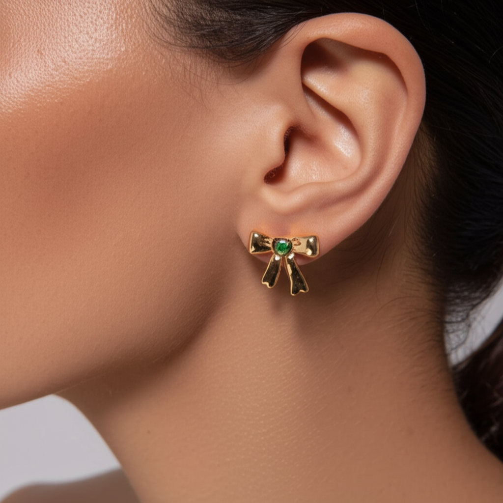 Cute bow earrings with green stone - Earrings - View 1