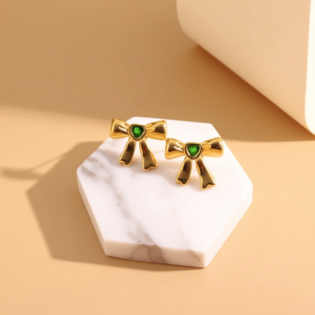 Cute bow earrings with green stone - Earrings - View 2