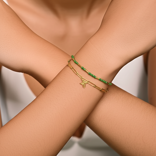 Double layer beaded and interlocking chain bracelet with drop down bird detail - Bracelets - View 1