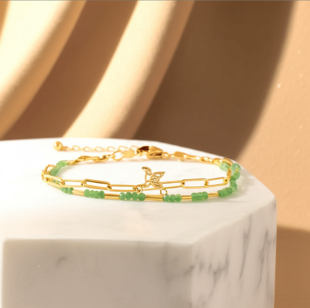 Double layer beaded and interlocking chain bracelet with drop down bird detail - Bracelets - View 2