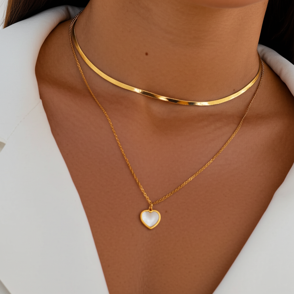 Double layer necklace with snake chain and white heart pendant  - Necklaces - View 1