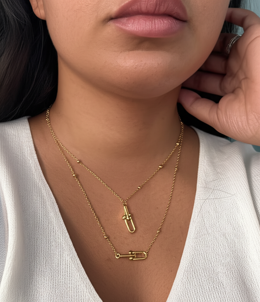 Double layered chain with interlocking pendant  - Necklaces - View 1