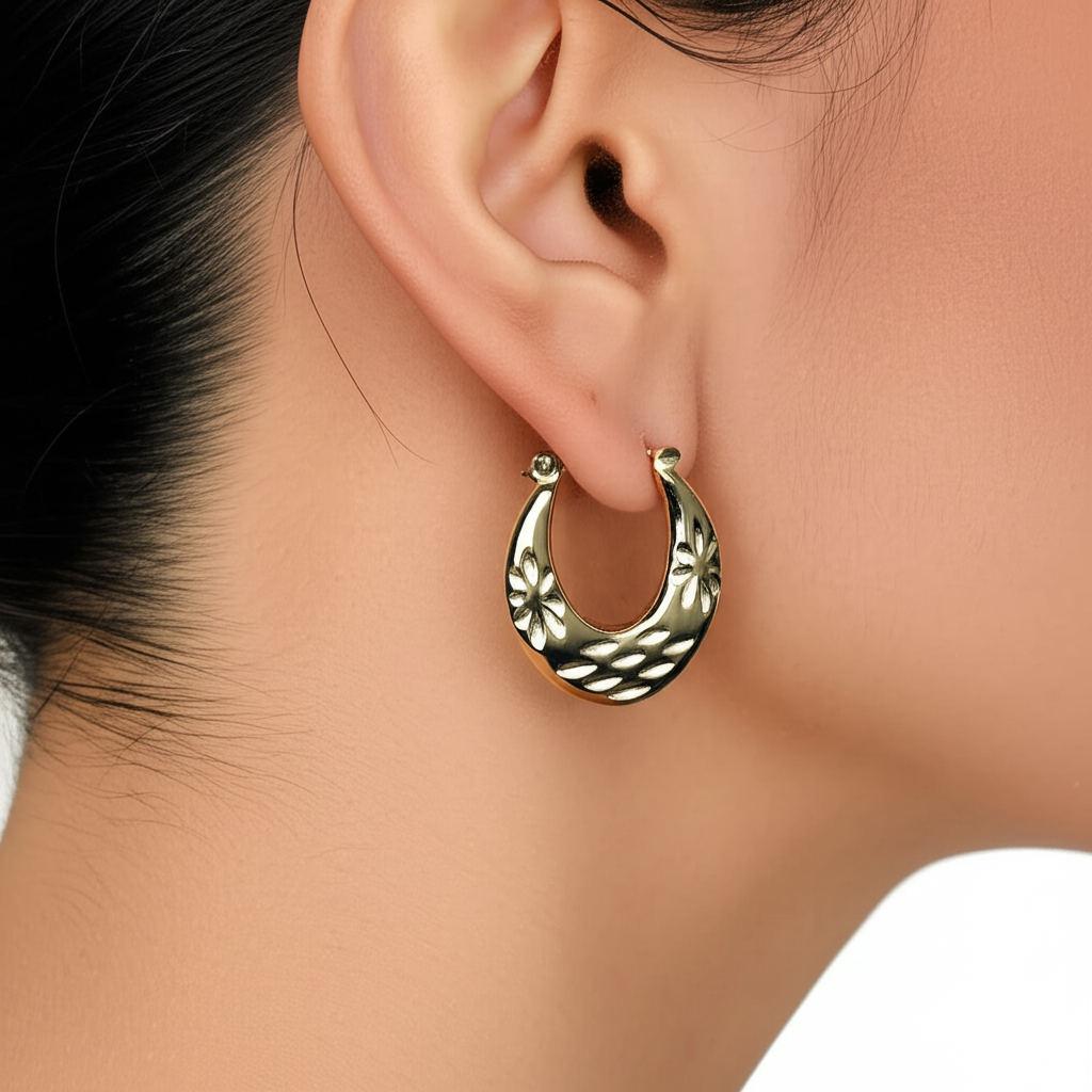 Flower engraved hoop earrings  - Earrings - View 1