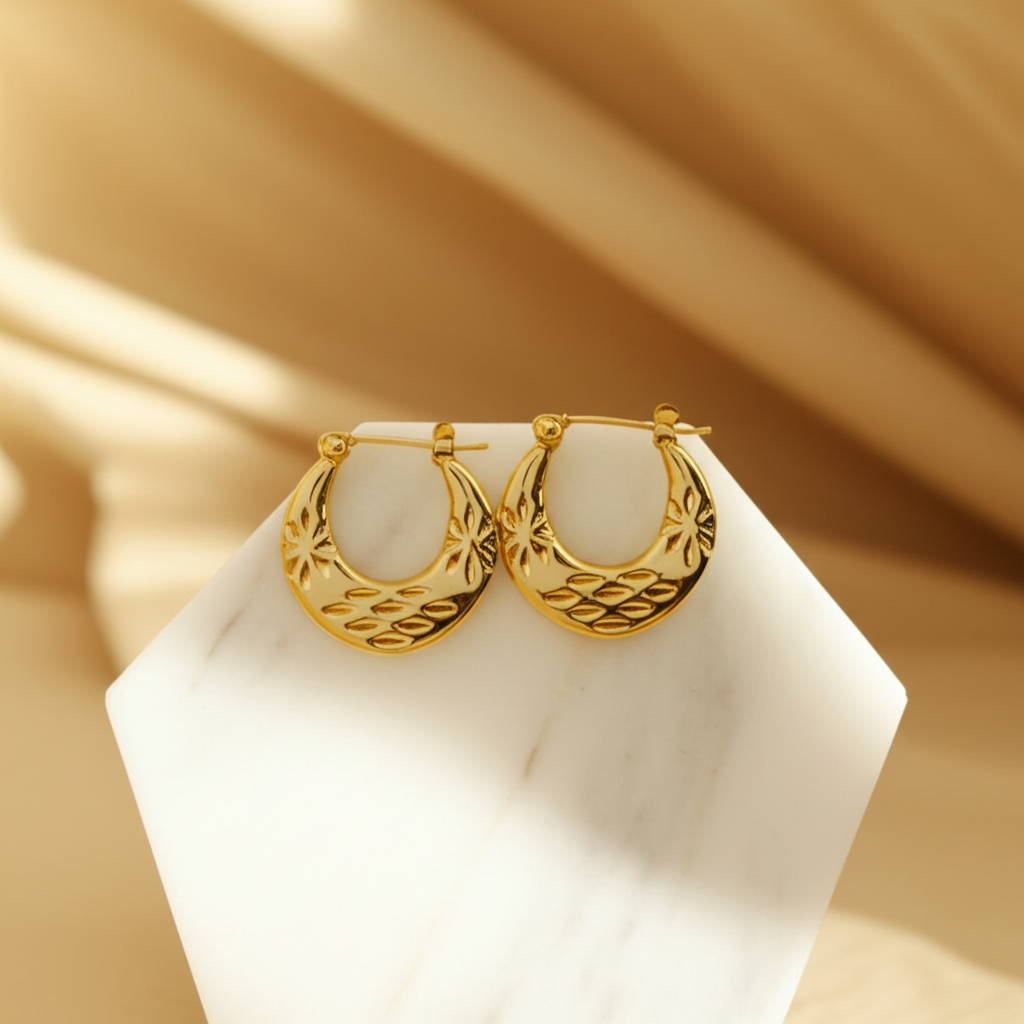 Flower engraved hoop earrings  - Earrings - View 2