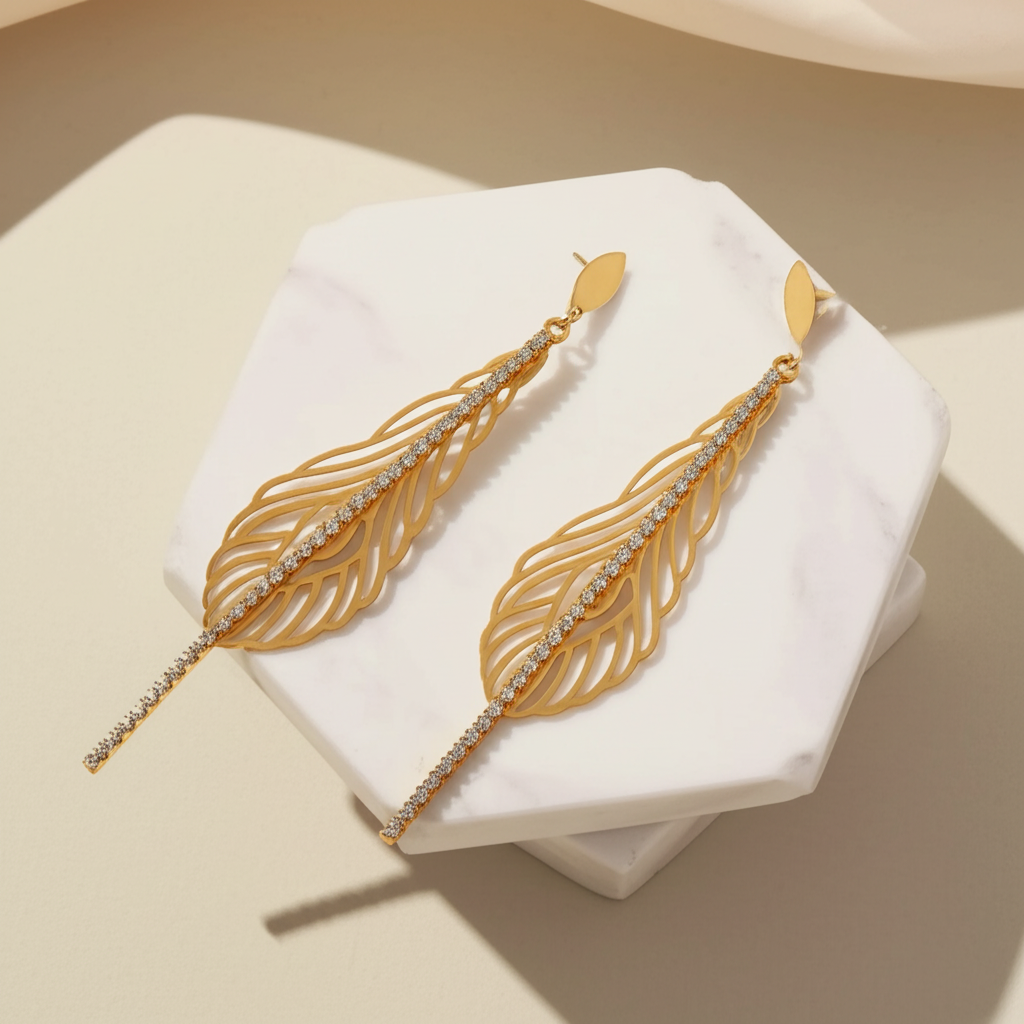 Feather shaped rhinestones earrings  - Earrings - View 3