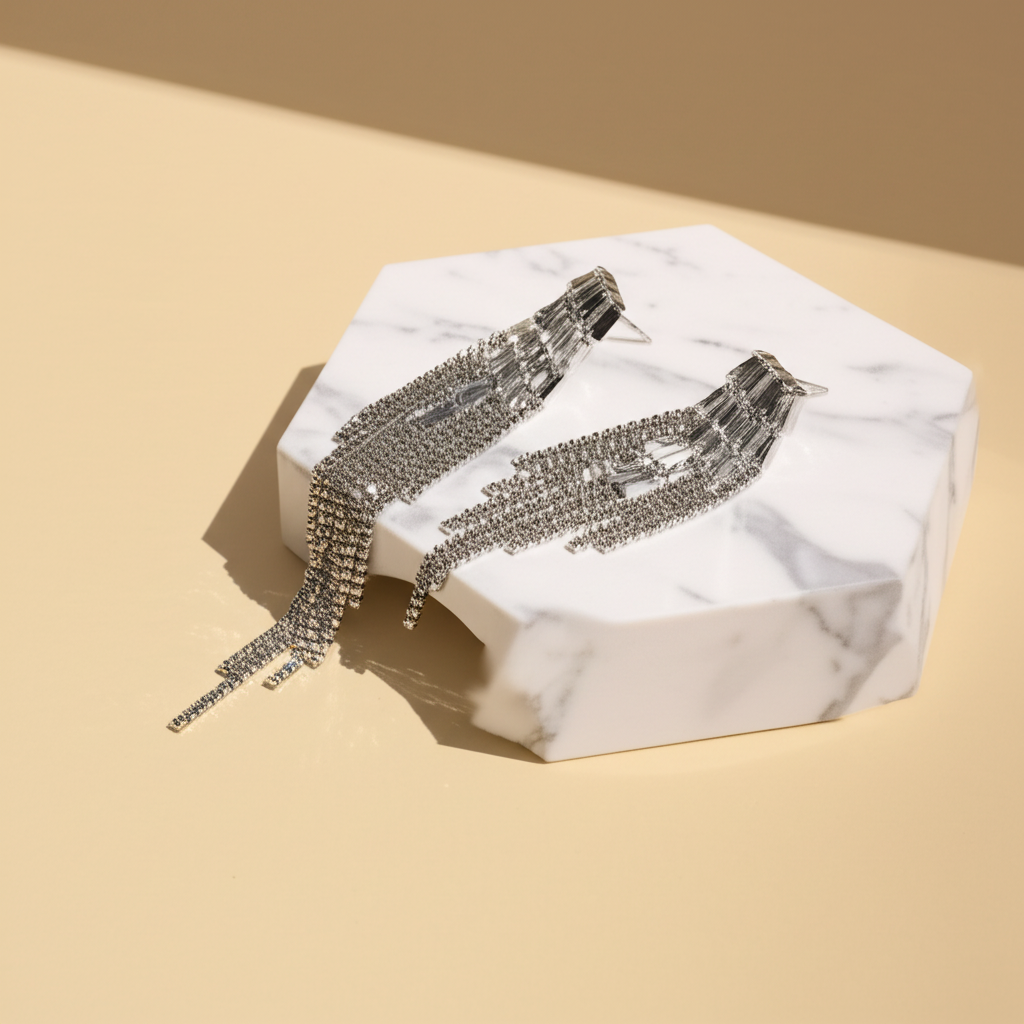 Silver Rhinestone Tassel Fringe Earring Stud Drop chandelier Earrings - Earrings - View 2