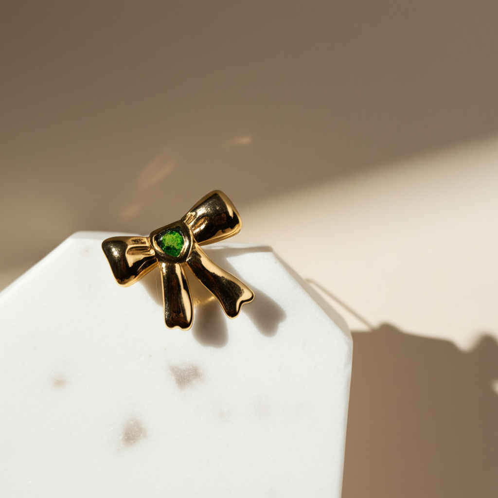 Cute bow earrings with green stone - Earrings - View 3