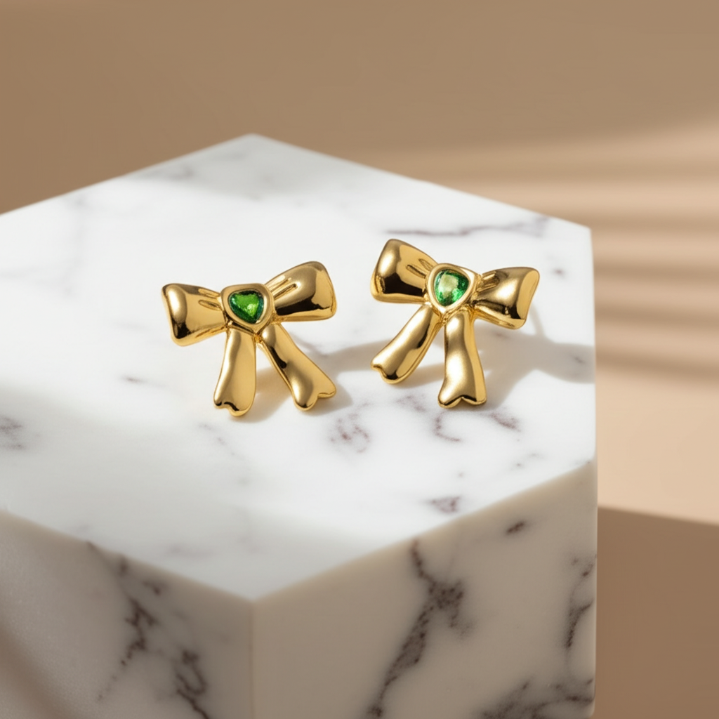 Cute bow earrings with green stone - Earrings - View 5