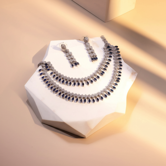 Blue crystal American diamond layered necklace set - Necklace and earrings set - View 2