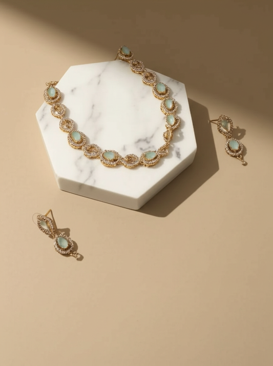 Sea green gold toned necklace set - Necklace and earrings set - View 2