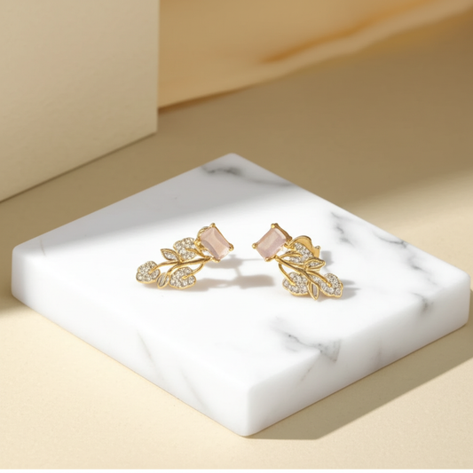 Rectangular pink crystal leafy necklace set - Necklace and earrings set - View 1