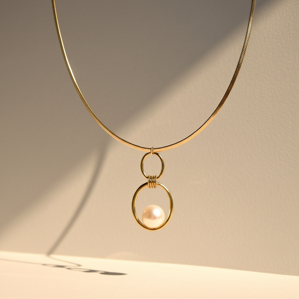 Interlocking ring pendant with chunky pearl necklace  - Necklaces - View 1