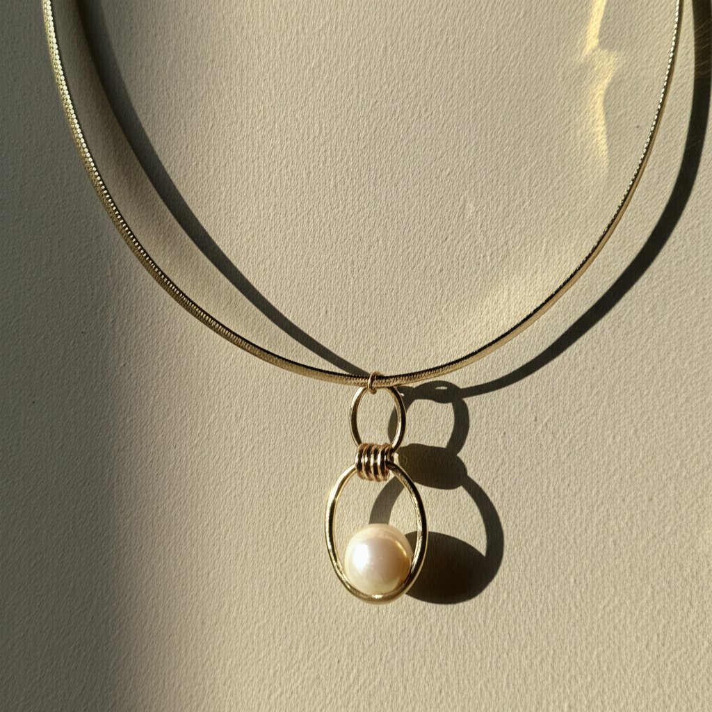 Interlocking ring pendant with chunky pearl necklace  - Necklaces - View 2