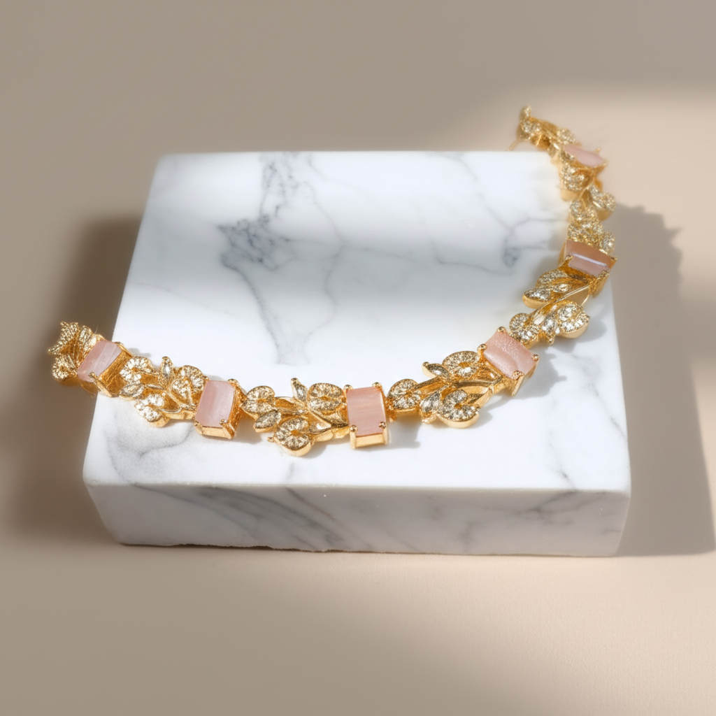 Rectangular pink crystal leafy necklace set - Necklace and earrings set - View 2