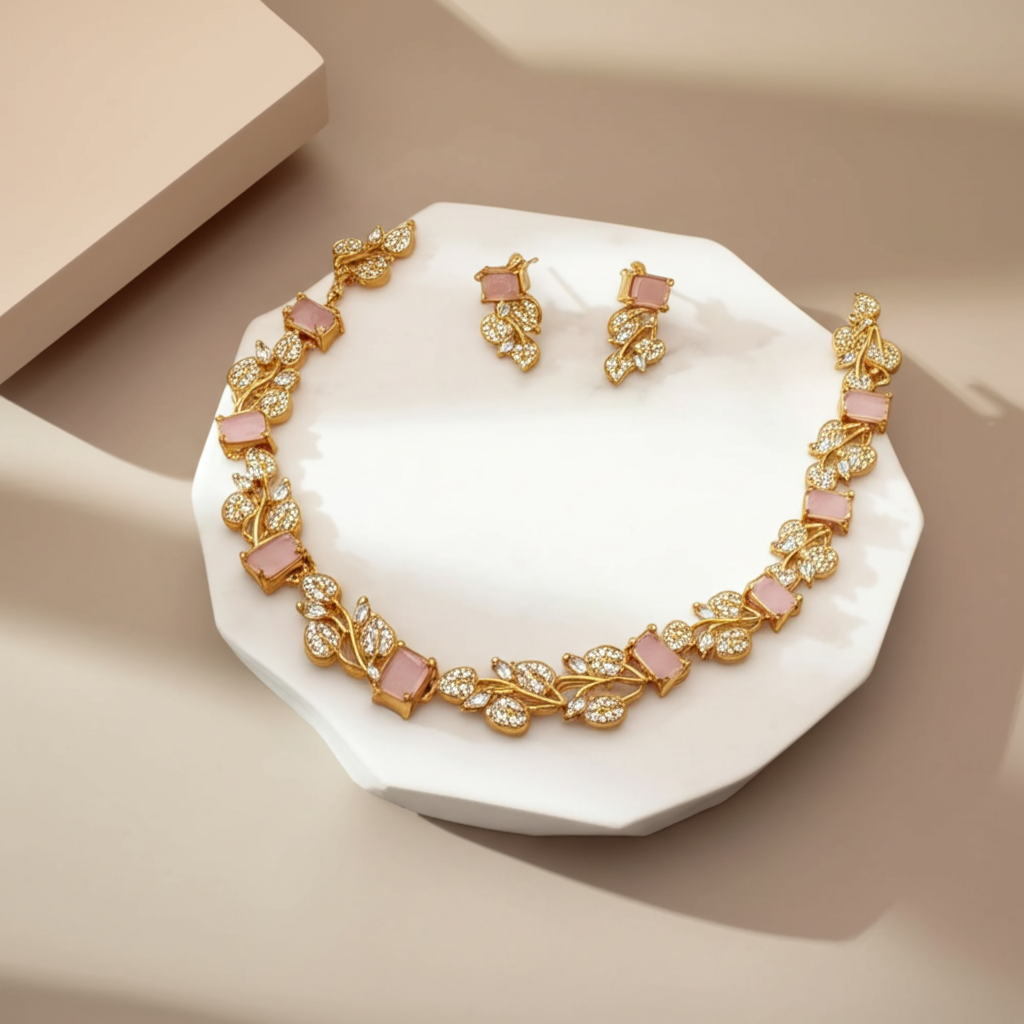 Rectangular pink crystal leafy necklace set - Necklace and earrings set - View 3