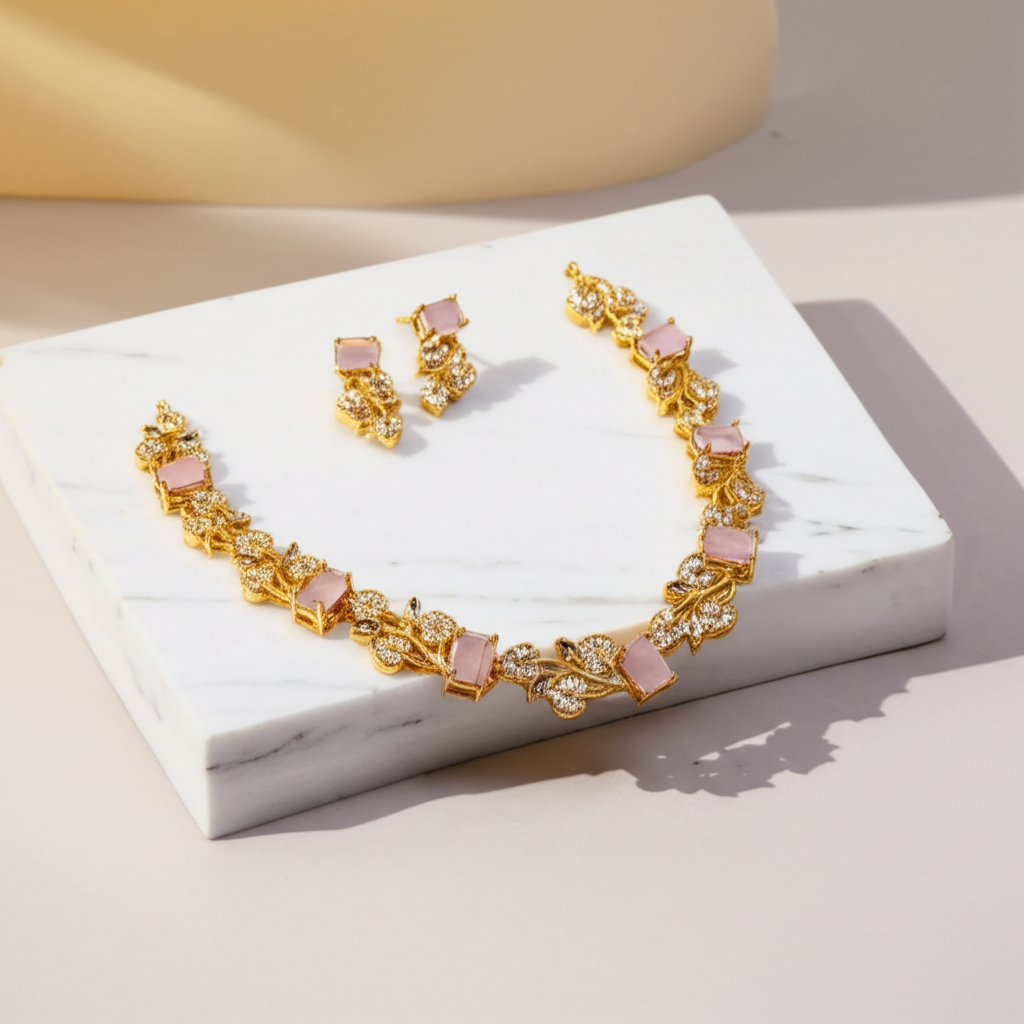 Rectangular pink crystal leafy necklace set - Necklace and earrings set - View 4
