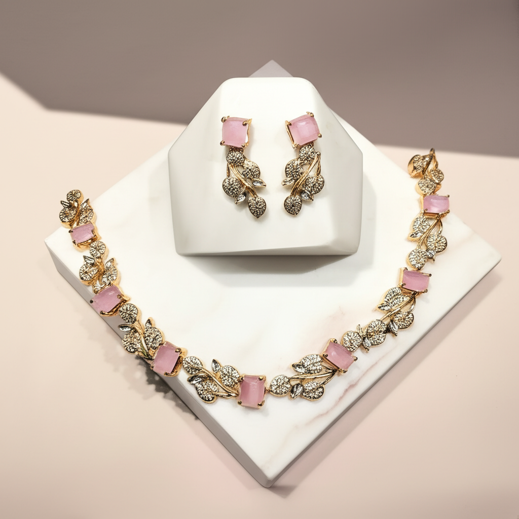 Rectangular pink crystal leafy necklace set - Necklace and earrings set - View 5