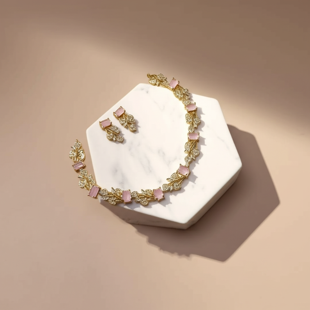 Rectangular pink crystal leafy necklace set - Necklace and earrings set - View 6