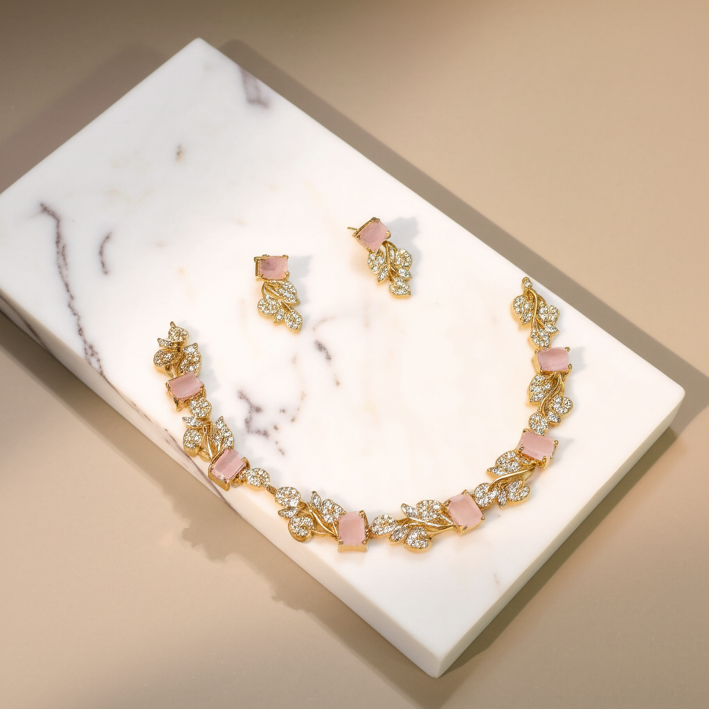 Rectangular pink crystal leafy necklace set - Necklace and earrings set - View 7