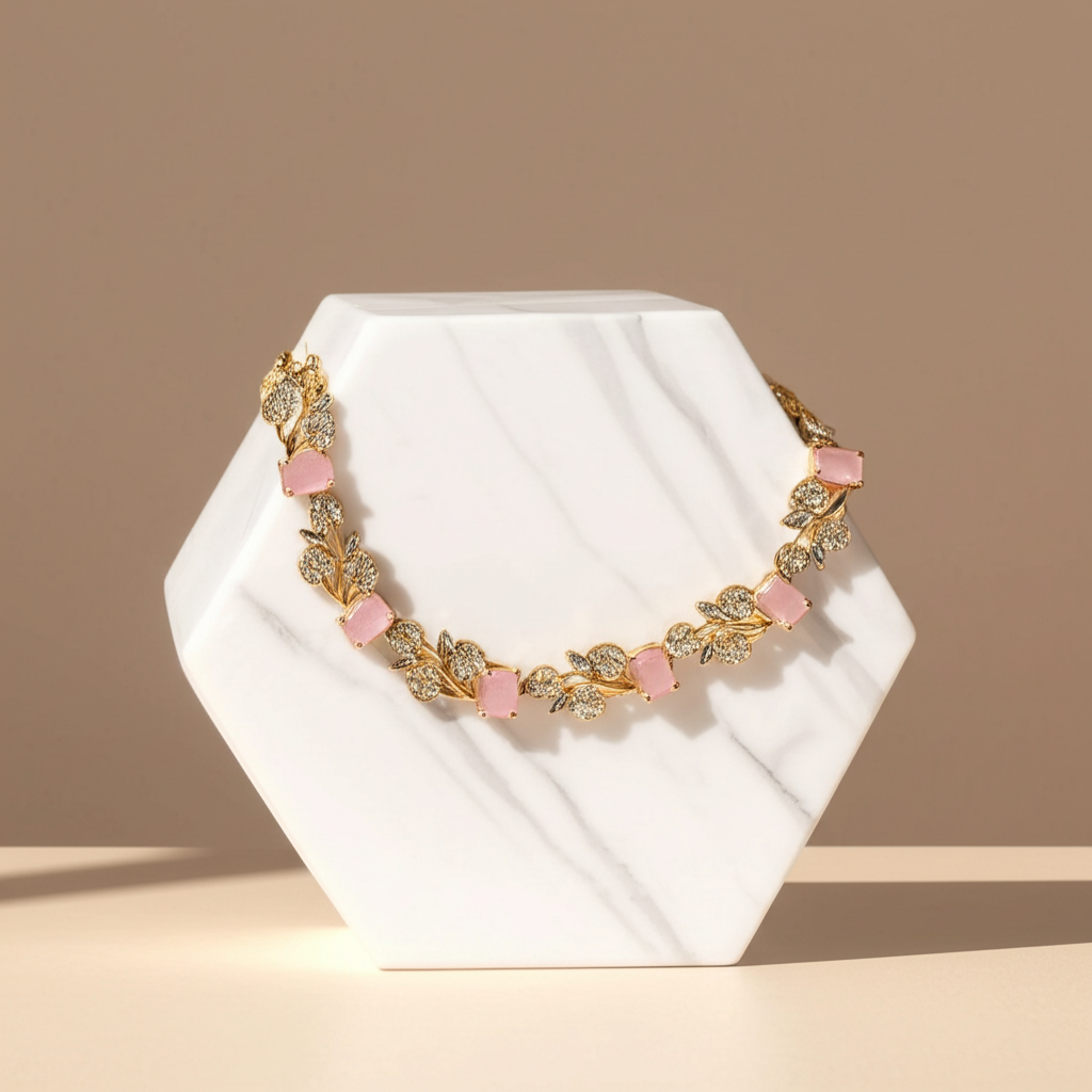 Rectangular pink crystal leafy necklace set - Necklace and earrings set - View 8