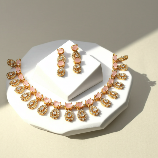 AD pink stone teardrop necklace set - Necklace and earrings set - View 5