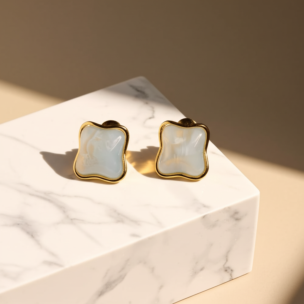 Sea blue marble finish studs - Earrings - View 2