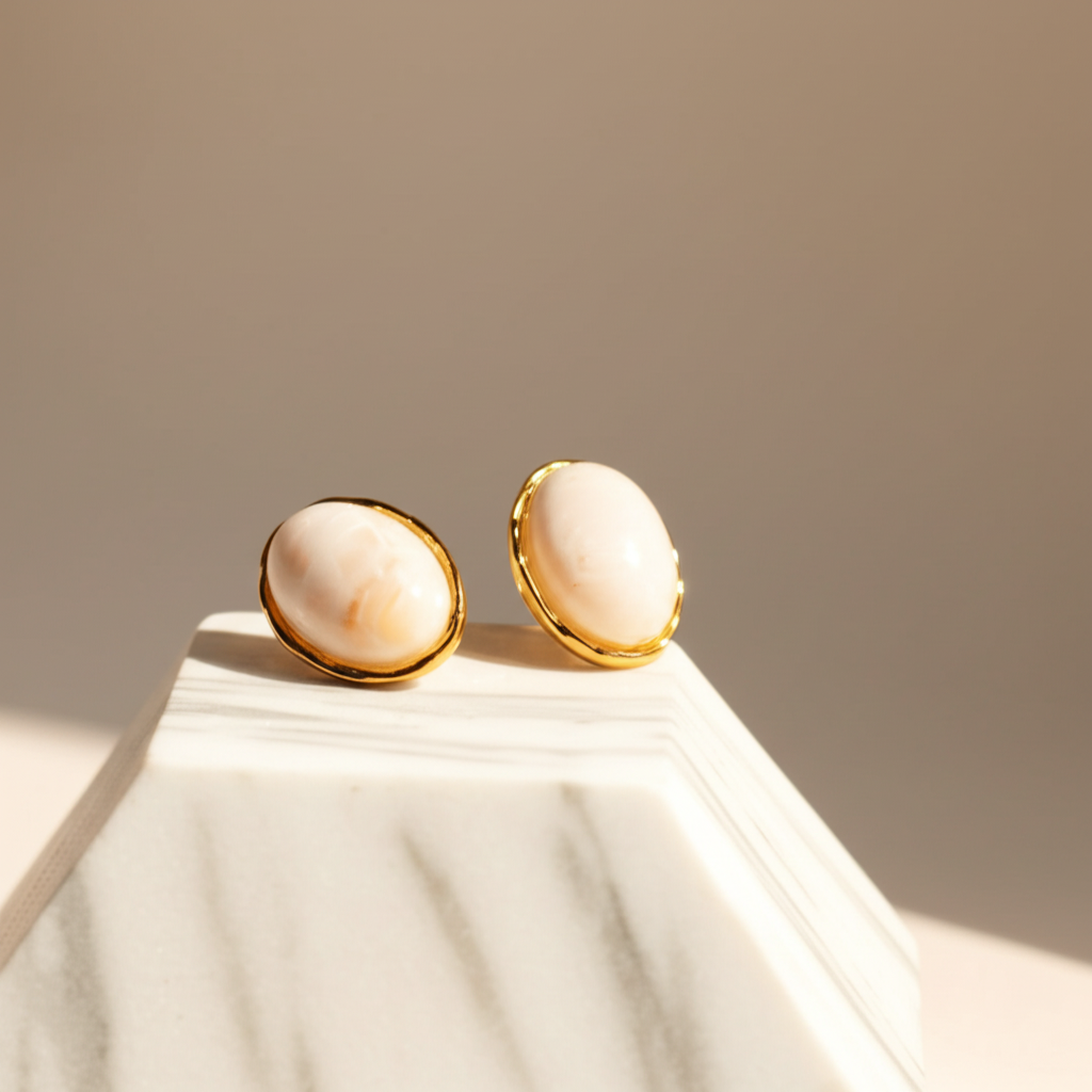Oval shaped white marble finish studs - Earrings - View 1