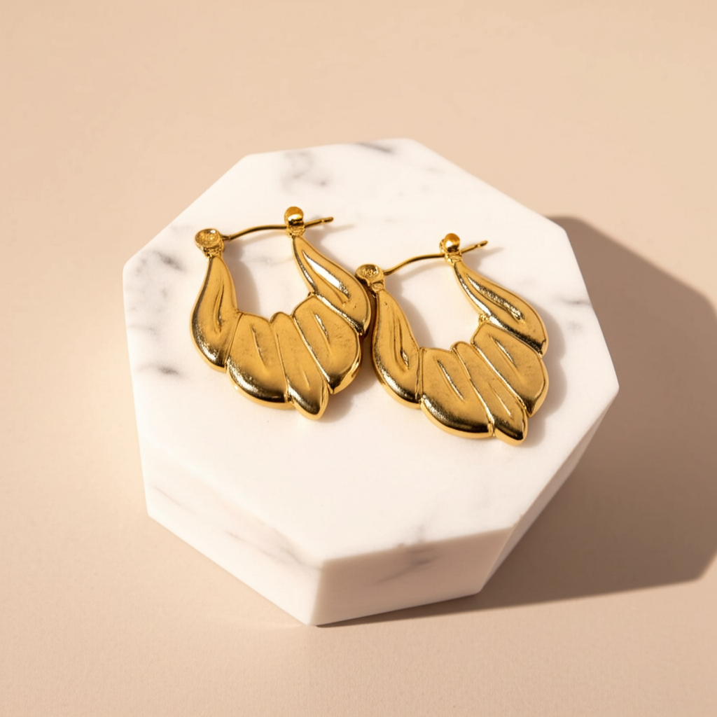 Leaf shaped gold hoop earrings  - Earrings - View 3
