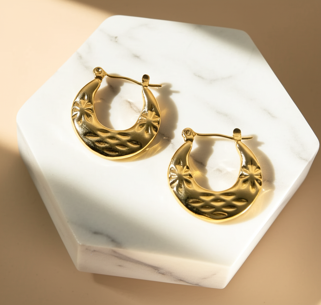 Flower engraved hoop earrings  - Earrings - View 4