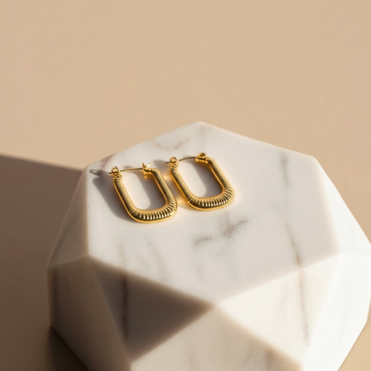 Rectangular textured gold hoop earrings  - Earrings - View 1