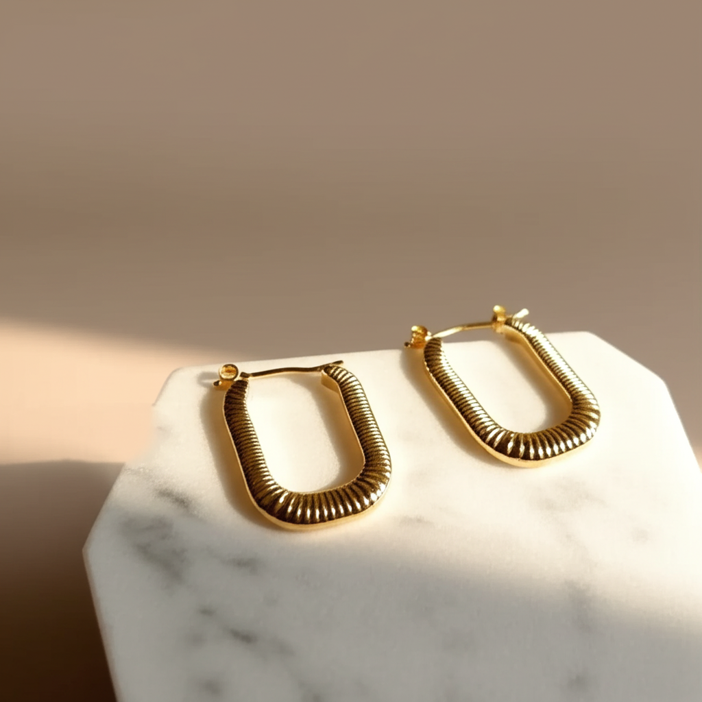Rectangular textured gold hoop earrings  - Earrings - View 2