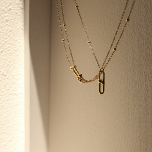 Double layered chain with interlocking pendant  - Necklaces - View 2