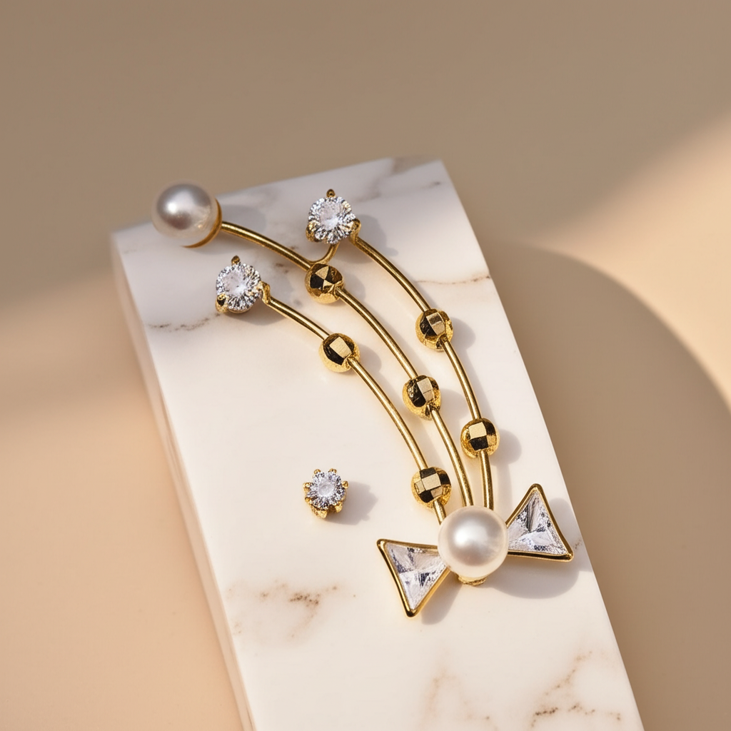 Elegant bow ear cuff with pearl and stone detailing  - Earrings - View 3