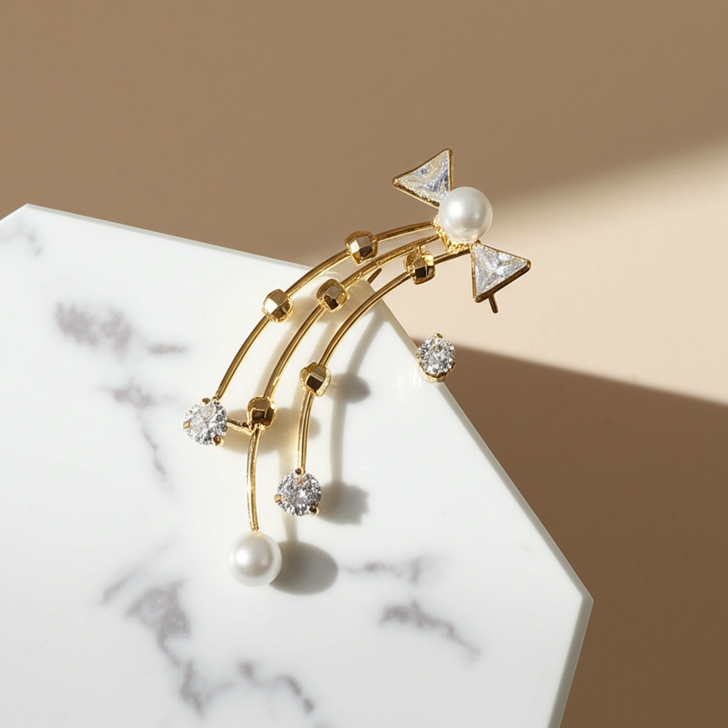 Elegant bow ear cuff with pearl and stone detailing  - Earrings - View 4