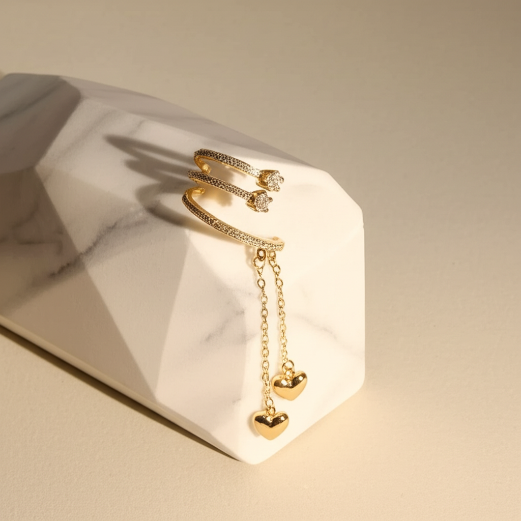 Triple band ear cuff with drop heart chain - Earrings - View 1