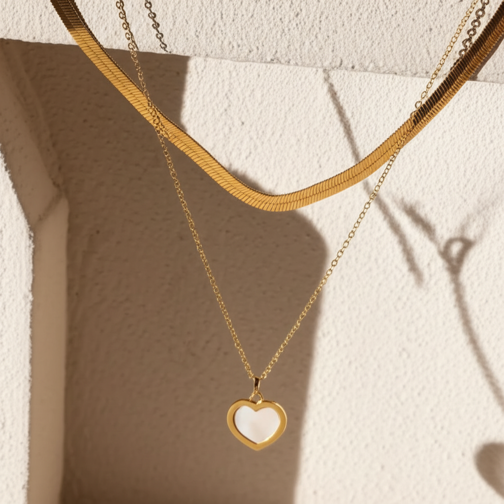 Double layer necklace with snake chain and white heart pendant  - Necklaces - View 2