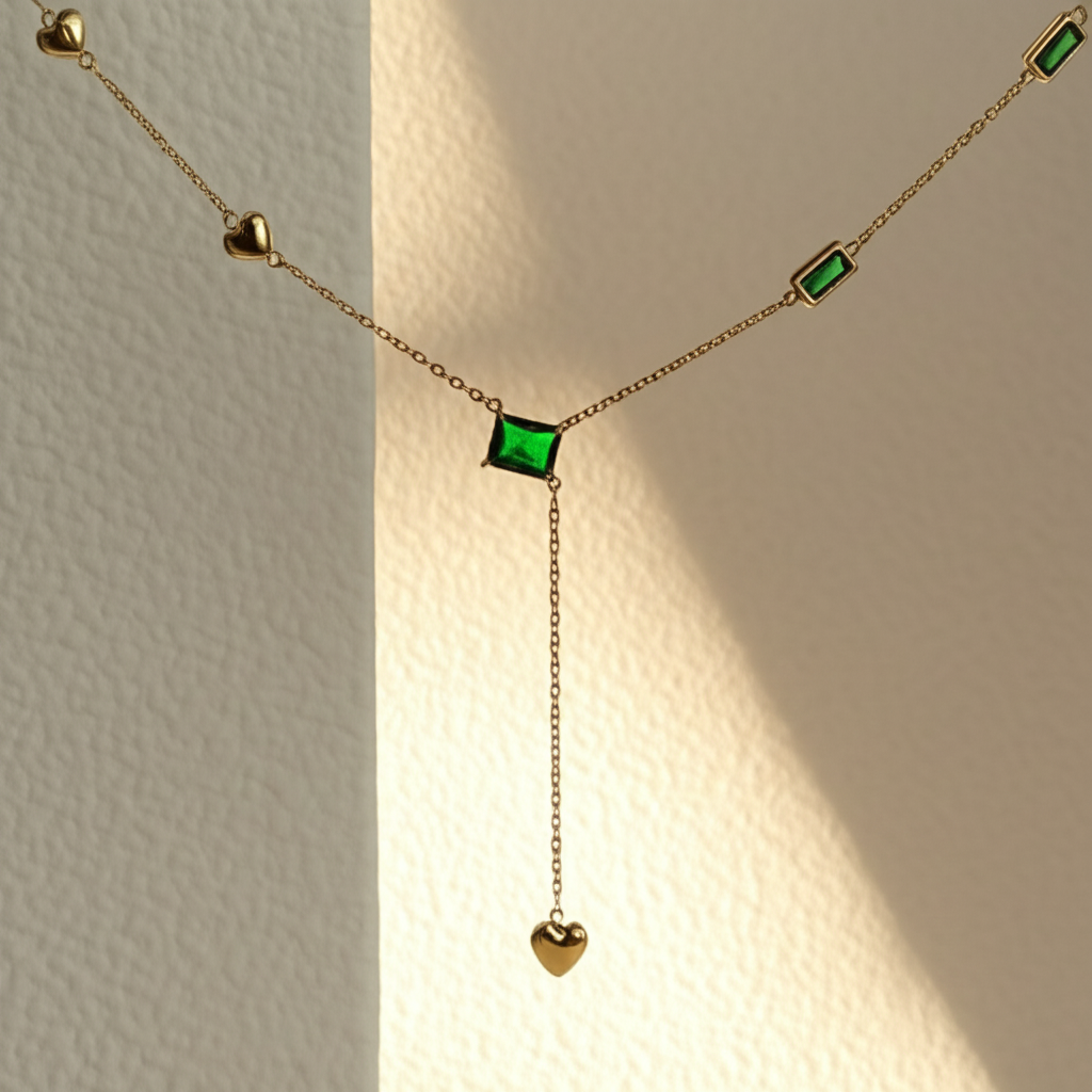 Heart and green stone with dangling heart drop chain - Necklaces - View 1