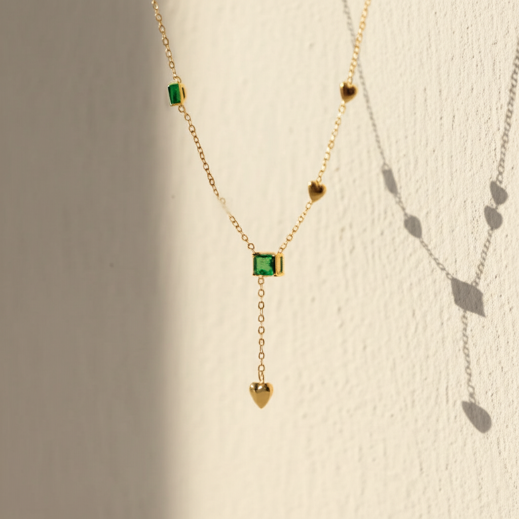 Heart and green stone with dangling heart drop chain - Necklaces - View 2