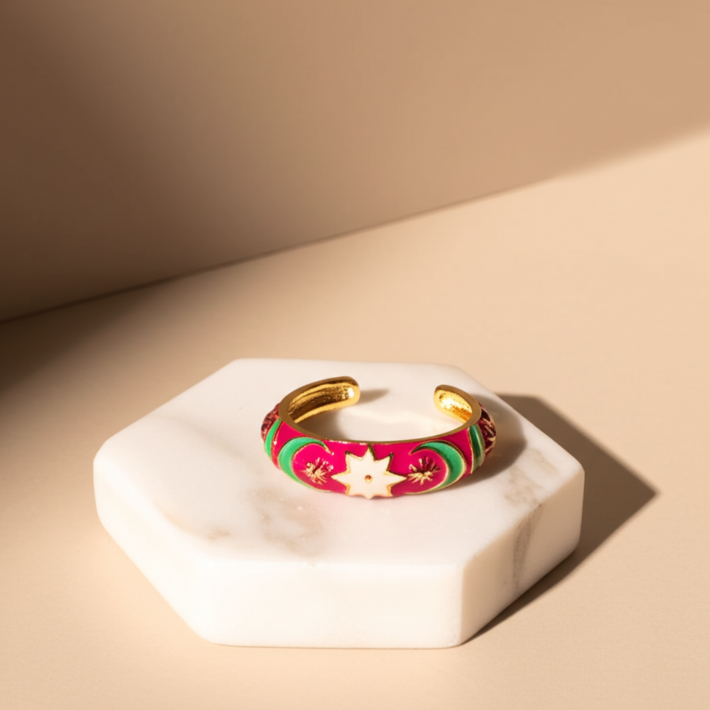 Pink enamel star and moon ring - Rings - View 1