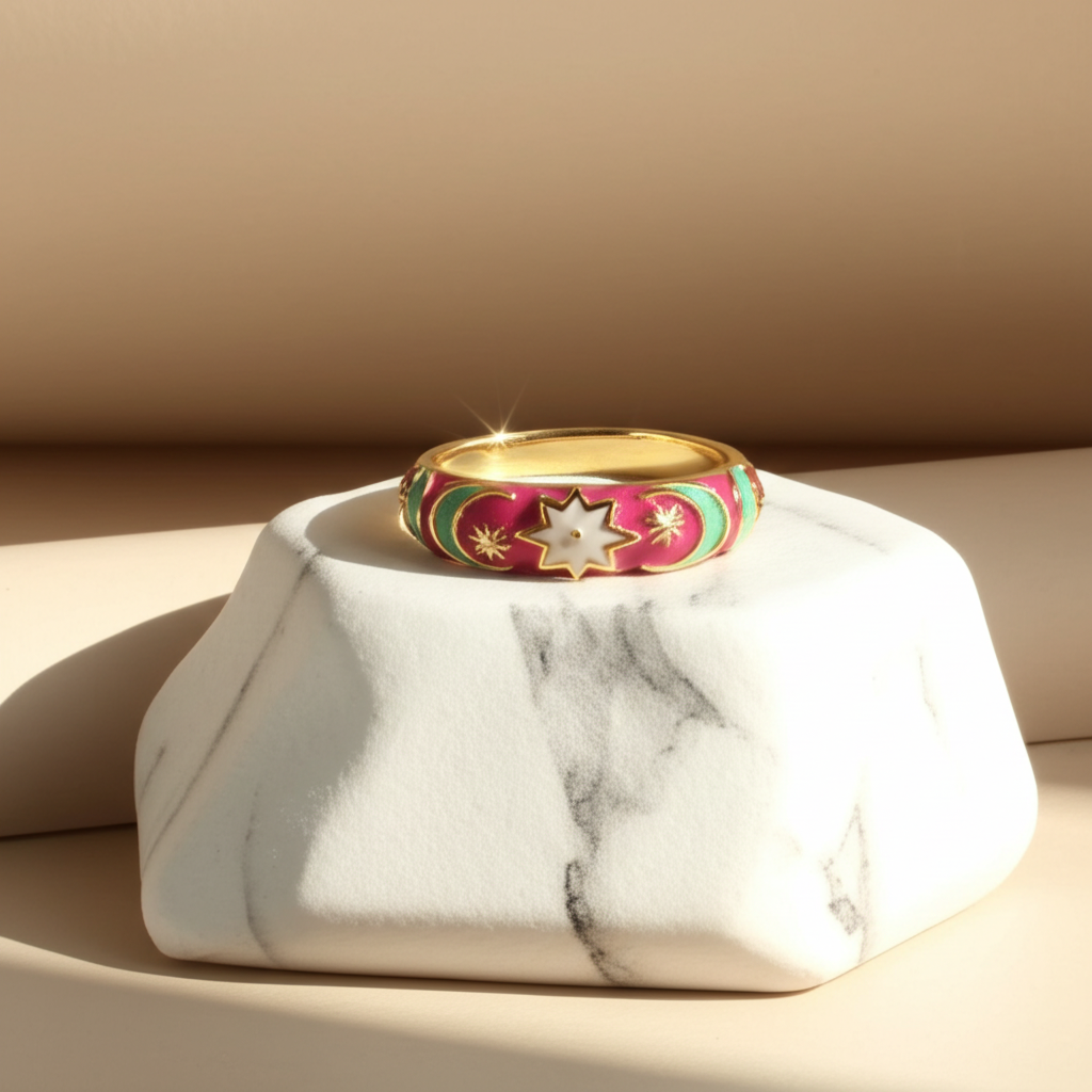Pink enamel star and moon ring - Rings - View 2